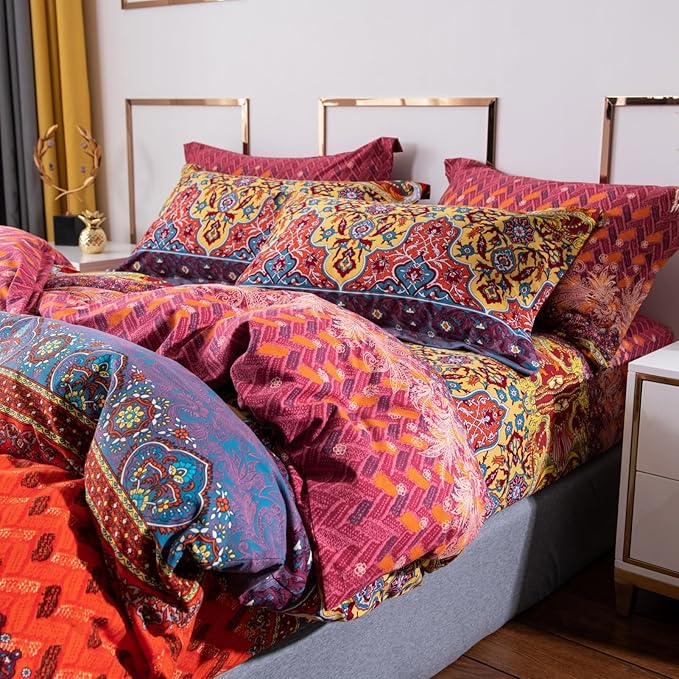 ABREEZE Bohemian Duvet Cover Set Colorful Orange Boho Retro Bedding Set Damask Paisley Cotton Duvet Cover Tribal Reversible Bedding Exotic Style Comforter Cover 3-Piece Twin