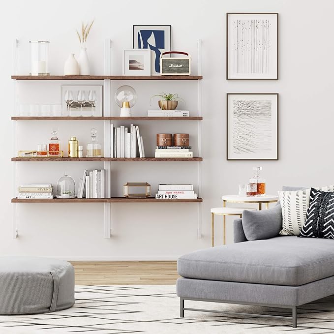 Nathan James Theo 4-Shelf Bookcase, Floating Wall Mount Shelves with Natural Wood and Industrial Pipe Metal Frame, Oak/White