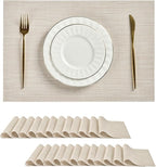 Leetaltree Beige White Placemats Set of 24 - Heat Resistant Non-Slip Place mats for Dining Table, Washable Durable PVC Vinyl Woven Table Mats(Beige White, 24)