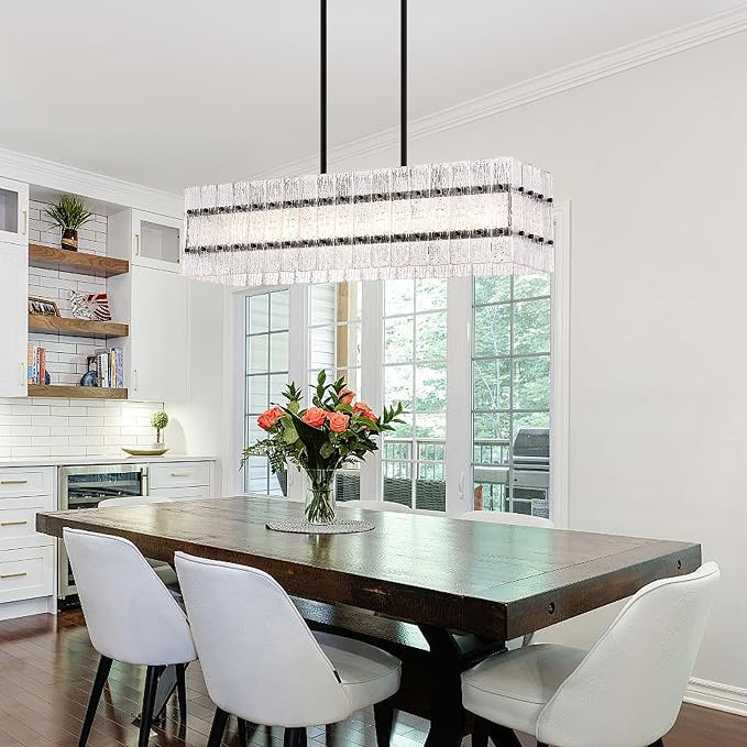 Modern Black Rectangle Water Ripple Glass Chandelier 6 Lights for Dining Room Kitchen Island Bar Living Room UL Listed L39.4 in