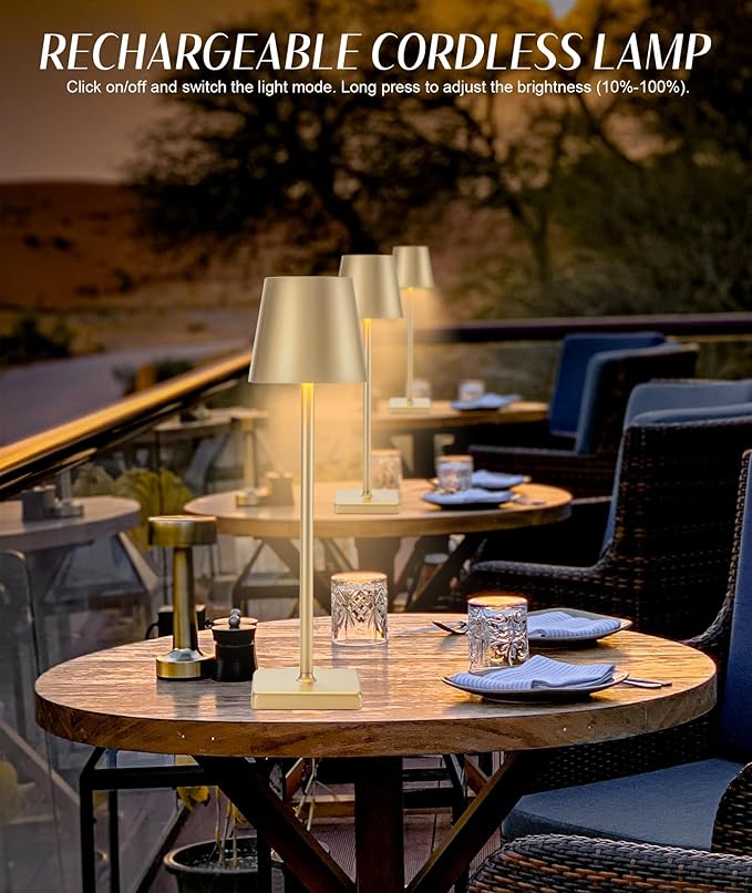 HASUN Gold Cordless Table Lamp, Aluminum Shell LED Rechargeable Desk Lamp, 3W 5200mAh Battery Operated Table Light, 3 Color Stepless Dimming Up Waterproof for Living Room/Indoor/Outdoor (Gold)