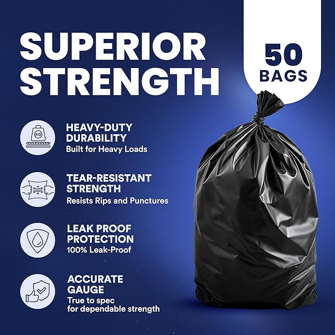 Plasticplace 55-60 Gallon Trash Bags │ 1.2 Mil │ Black Heavy Duty Garbage Can Liners │ 38” x 58” (50 Count)