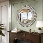 Kelly Miller Round Jeweled Mirror for Wall Decor, 26 in Modern Decorative Wall Mirror with Luxury Diamonds Beveled Vanity Mirror for Bedroom Dresser, Living Room Table, Bathroom, Hallway, Entryway