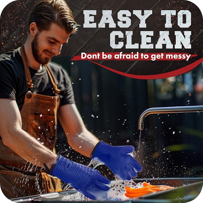KITCHEN PERFECTION Silicone Smoker BBQ Gloves - Heat Resistant Oven Mitts | Waterproof, 5-Finger Design For A Better Grip, for Pitmasters, Meat Smoking, Grilling, Cooking, Frying Turkey | Grill Gift