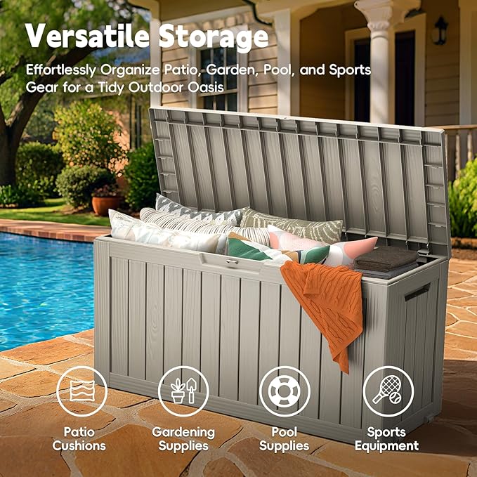 Outdoor Storage Box, 72 Gallon Waterproof Resin Deck Box, Storage Bin for Package Delivery, Patio Furniture Cushion, Garden Tools, Pool Accessories, Weatherproof and UV Resistant, Grey