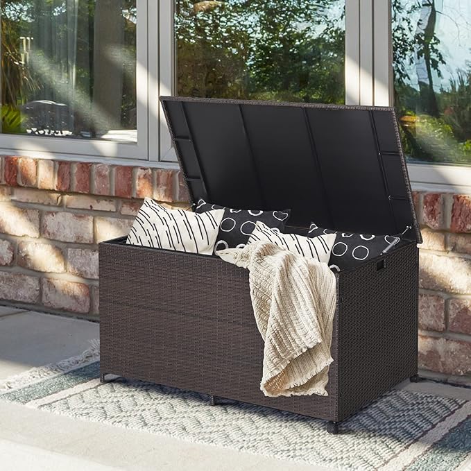 Giantex Wicker Outdoor Deck Box - 133 Gallon Storage Box with Lid, Waterproof Liner and Universal Wheels, PE Rattan Storage Container for Cushions, Gardening Tools, Patio Storage, Brown