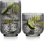 16 Piece Smoke Glassware Set, Beautiful Art Deco Black Drinking Glasses, Ribbed U-Shape Design, 8 Highball 17oz and 8 Whiskey 11oz DOF Handwash Only