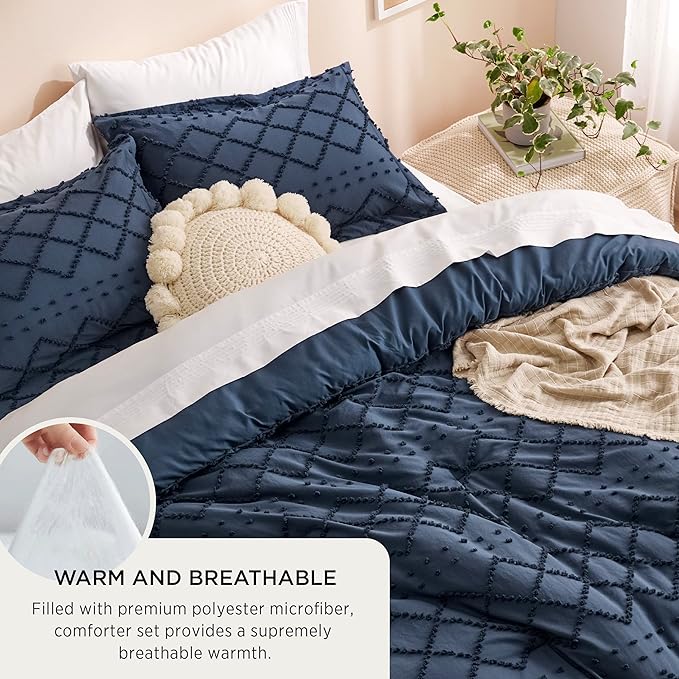 Bedsure Full Size Comforter Set - Navy Blue Comforter, Boho Tufted Shabby Chic Bedding Comforter Set, 3 Pieces Vintage Farmhouse Bed Set for All Seasons, Fluffy Bedding Set with 2 Pillow Shams