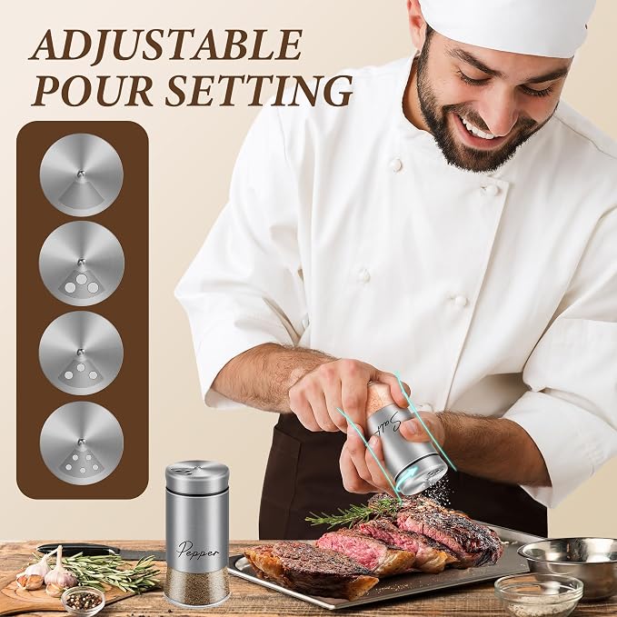 Stainless Steel Salt and Pepper Shakers Set, 5 oz | Salt Shaker with Adjustable Pour Holes, Modern Pepper Shaker for Kitchen Metal Gadgets with Glass Bottom (Silver)