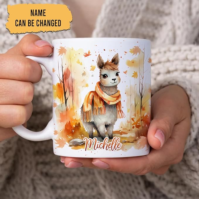 Hyturtle Personalized Fall Llama Coffee Mug, Autumn Décor for Farmhouse | Birthday Gifts For Llama Lovers - Fall Autumn Decor Gifts For Thanksgiving - Custom Name 11oz White Ceramic Coffee Tea Mug