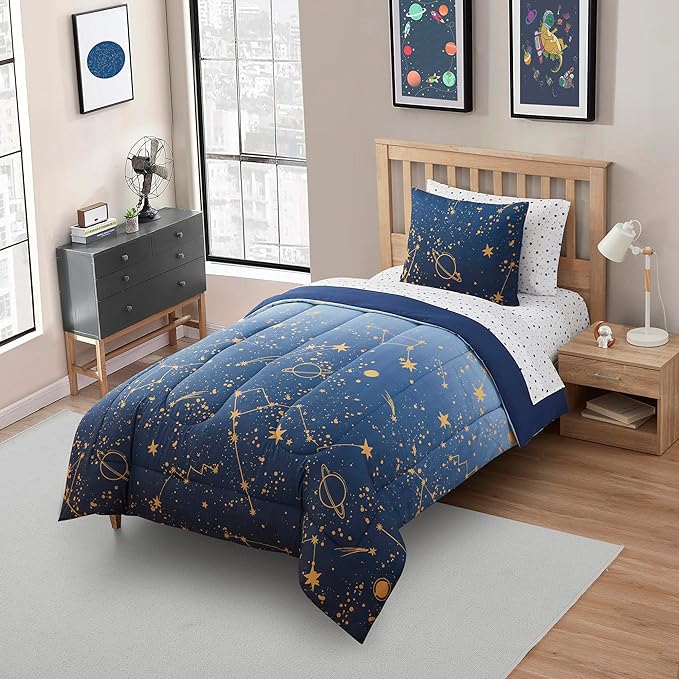 Kids Bedding Set Bed in a Bag for Boys and Girls Toddlers Printed Sheet Set and Comforter, Twin, Galaxy