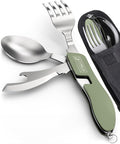 Orblue 4-in-1 Camping Eating Utensils, 2-Pack - Portable Spoon, Fork, Knife & Bottle Opener Combo Set - Stainless Steel Flatware with Detachable Fork - Backpacking Cutlery Multitool, Olive Green