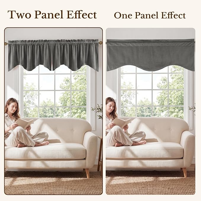 Grey Scalloped Valance for Windows 52x18 Inch 1 Panel | Luxury Velvet Kitchen Curtains for Small Window, Wavy Hem Window Treatment for Bathroom，Basement, Rod Pocket