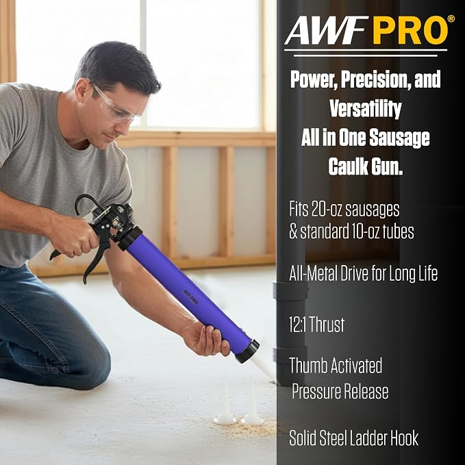 AWF PRO Sausage Caulking Gun 20 oz, 12:1 Thrust Ratio, Pack of 12 | 20 oz Foil Pack and 10 oz Cartridge Convertible, Aluminum Barrel, Includes 3 Tips