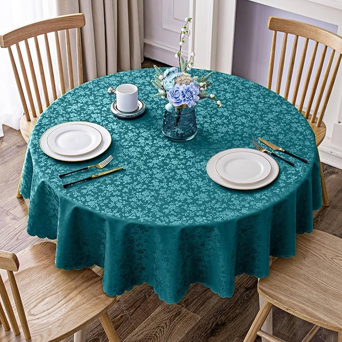 Smiry Round Waterproof Heavy Duty Vinyl Tablecloths, 70 x 70 Inch | Wipeable Washable Floral Embossed Table Cover for Kitchen and Dining Room, Indoor & Outdoor Use, Emerald Green