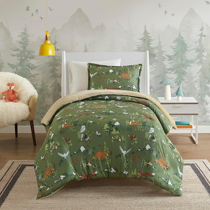Mi Zone Kids Twin Comforter Set, Reversible Plush Kids Comforter Set, Cozy Plush Reverse Bedding, Winter Fluffy Comforter Bed Set, 1 Sham, Enchanting Forest Animals, Heath, Twin, Sage Green 2 Piece