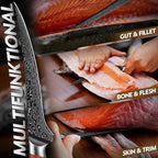 Freelander Damascus Fillet Knife with Wood Handle for Fish, Meat & Poultry | Razor Sharp 7" Filet Knife with Comfortable Grip, Mosaic Pin Design, Ideal for Skinning, Deboning & Slicing, Gifts for Men