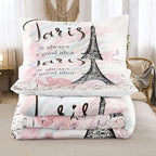 Bodhi Pink Comforter Set Twin,Paris Comforter Set for Girls,Cartoon Sketch Eiffel Tower Pink Bedding Set,Girls Pink Paris Bedding Set with Matching Pillowcase,Eiffel Tower Bedding Set