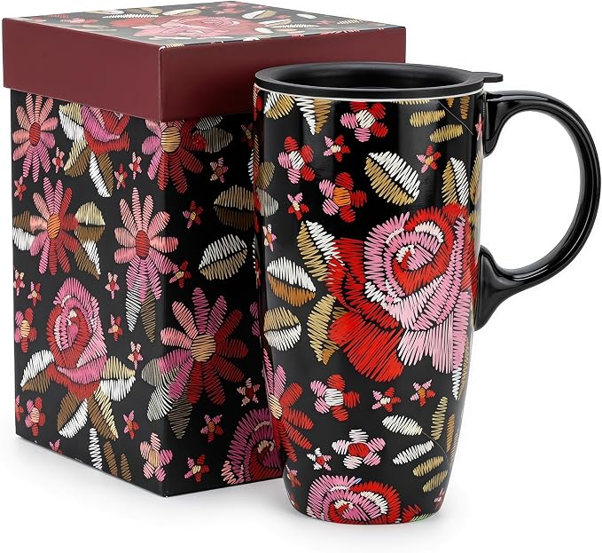 Topadorn Ceramic Travel Mug with Lid, 17oz Embroidered Floral Mug | 17oz Ceramic Travel Mug • Embroidered Floral Design • Coffee Mug with Lid • Microwave & Dishwasher Safe • Gift Box