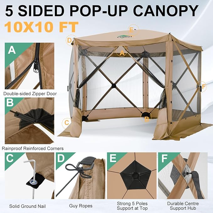 COBIZI 10x10ft Pop up Gazebo Screen House Tent for Camping, Pop-up Camping Canopy with Mesh Windows,Portable Outdoor Quick-Set Hub Tent with Carrying Bag&Ground Stakes,Khaki(Upgraded 2.0)