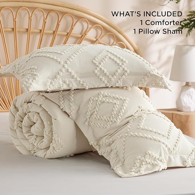 Bedsure Boho Comforter Set Twin - Terracotta Tufted Bedding Comforter Set, 2 Pieces Farmhouse Shabby Chic Embroidery Bedding Set, Soft Geometric Pattern Comforter for All Seasons