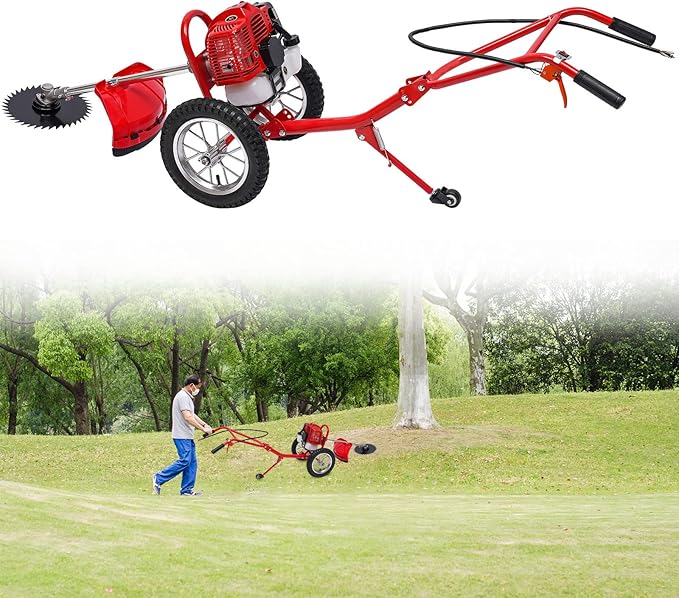 Walk Behind String Trimmer, 1.8KW Hand-Pull 2 Stroke Air-Cooled Single-Cylinder Lawn Mower Gas Powered 49CC 57.1X17.2X27.6 Inch Walk Behind Weed Trimmer for Lawn Garden