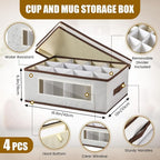 Uiifan 4 Pcs Mug Storage Box with Dividers 12 Compartment Stemware Storage Cases China Container Box with Lid, Handles, PVC Window for Moving, Beige