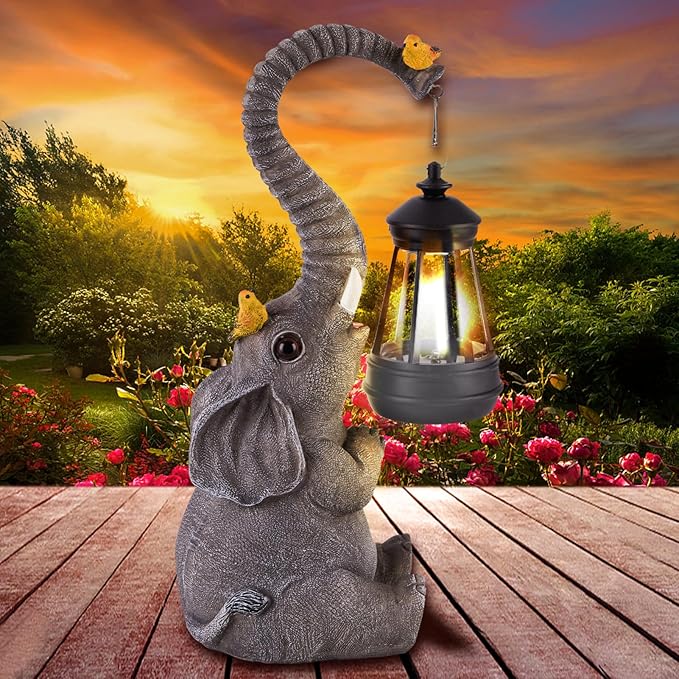 ILLUMINEW Solar Outdoor Garden Decor Elephant Statues Lights, Lucky Elephant Unique Mom Birthday Gifts for Mom, Housewarming Gifts and Yard Decoration, Cute Birds Garden Sculpture Decor