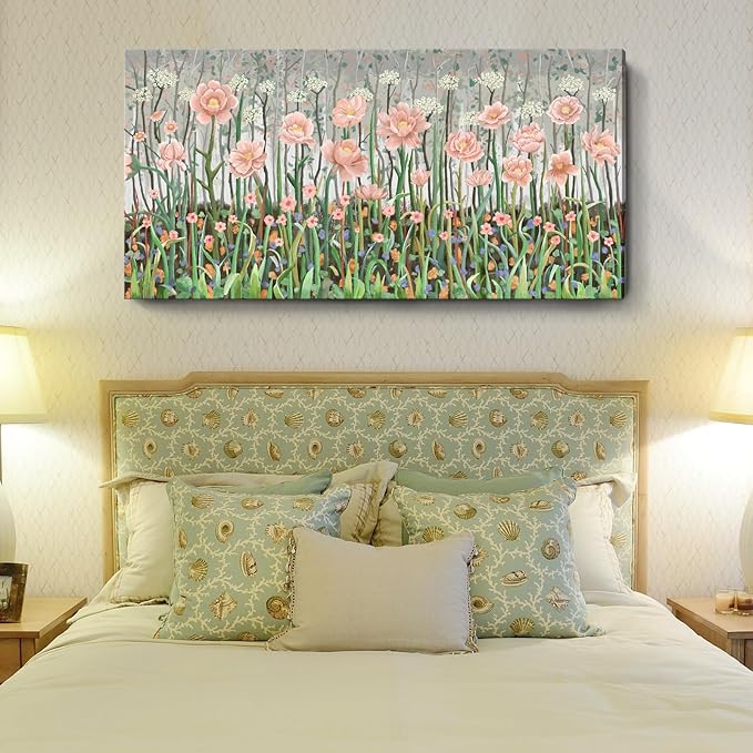 amatop Extra Large Floral Wall Picture for Living Room Modern Botanical Canvas Prints Flower Field Wall Decor Abstract Nature Art Wildflower Garden Pink Green Stretched Artwork Bedroom Office 58x29 in