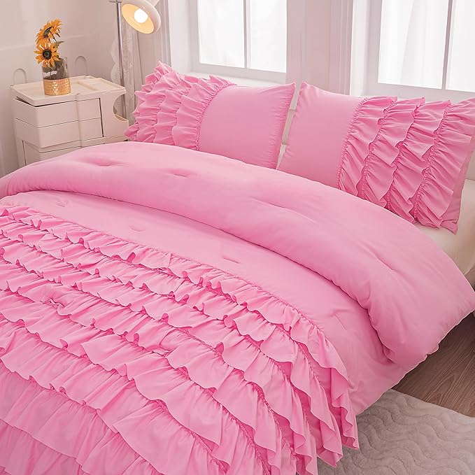 Pink Comforter Set Queen Size, 5 Pcs Bed in a Bag Girls Queen, Girls Queen Comforter Set, Girls Pink Bedding Queen, Teen Bedding Sets for Girls Kids