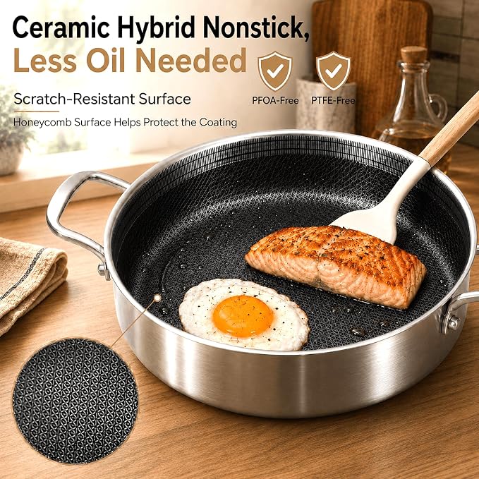 DELARLO Tri-Ply Stainless Steel 10 Inch Deep Frying Pan 3QT Saute Pan With Lid, Induction Compatible Chef Cooking Pan with lid, Dishwasher & Oven Safe