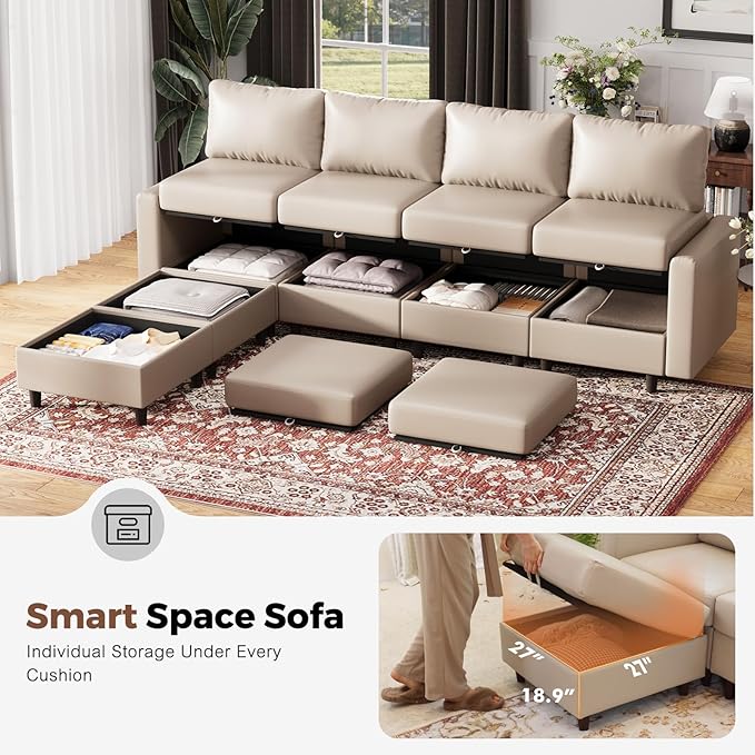 Oversized 145.5" Faux Leather Modular Sectional Sofa, Modern Large 12 Seater U Shaped Couch with Storage Seat with Reversible Chaise Deep Seat for Living Room DIY Combination - Whitesand
