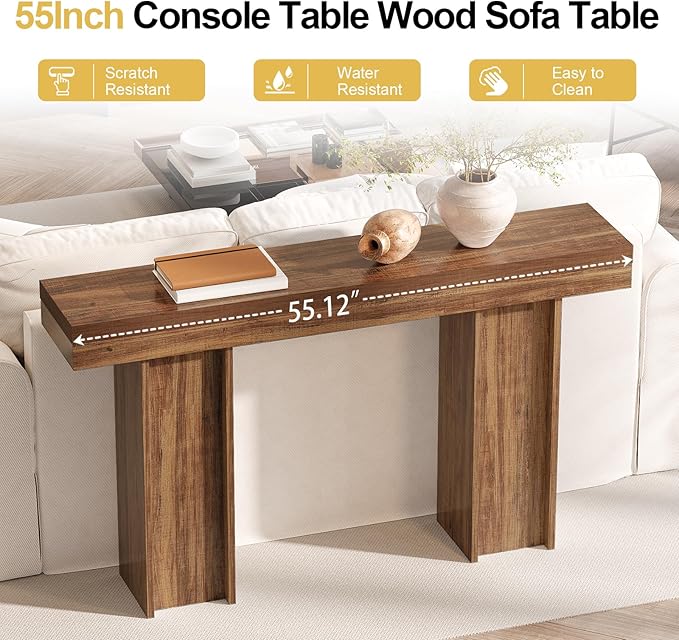55Inch Farmhouse Console Table,Wooden Rectangular Sofa Table Behind The Couch,Entryway Console Table with Storage for Living Room, Hallway,Entrance (Light Brown)