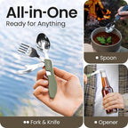 Orblue 4-in-1 Camping Eating Utensils, 2-Pack - Portable Spoon, Fork, Knife & Bottle Opener Combo Set - Stainless Steel Flatware with Detachable Fork - Backpacking Cutlery Multitool, Olive Green