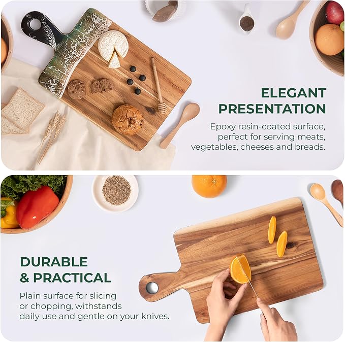 Acacia Wood Serving Board with Handle, 15" x 7.9" Dual-Sided Resin Art Tray for Display & Prep, Handcrafted Cutting Board, Includes Stand & Loofah, Christmas Housewarming Gift (Rectangular)
