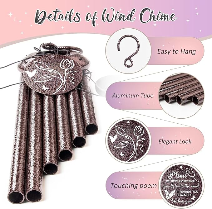 Gifts for Mimi, 25''Wind Chimes, Birthday Gift for Mimi from Grandkids, Mothers Day, Thanksgiving, Christmas Day Gifts Ideas for Love Rreminder
