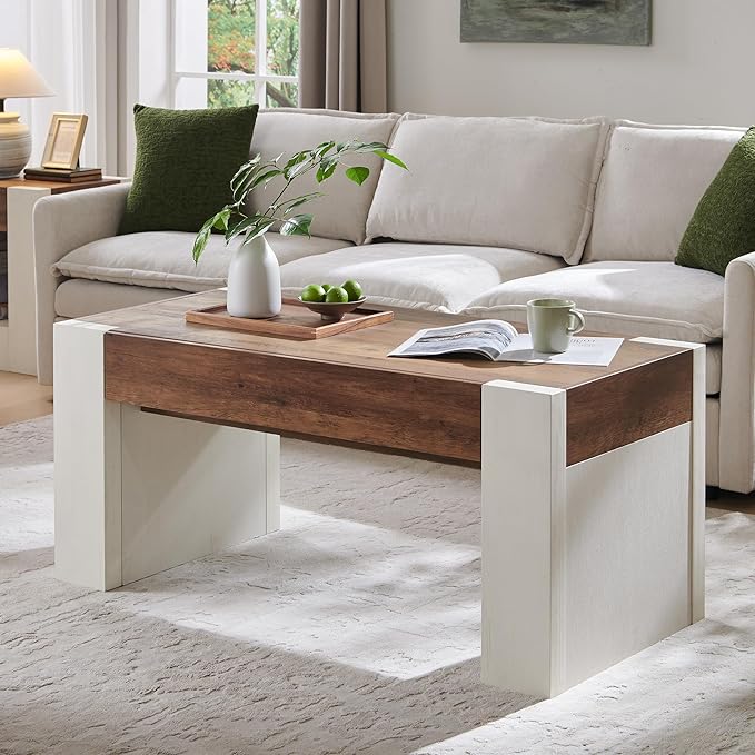 OKD 48" Modern Farmhouse Coffee Table, Wooden Living Room Table with Hidden Storage Drawer, Rustic Rectangular Center Tables with Wood Thick Design for Living Room, Office, Antique White
