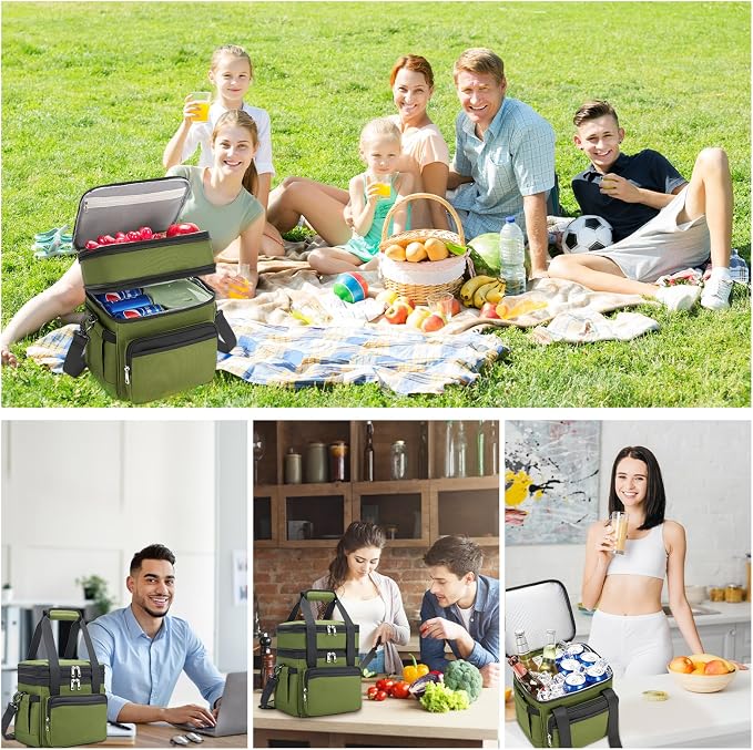 holuxer Insulated Lunch Bag & Lunch Box for Men - Double Deck Reusable Lunch Bag for Women Tote Cooler Bag Leakproof Soft Expandable - Large Lunchbox for Work/Adult/Picnic/Outdoor (Green，15L)