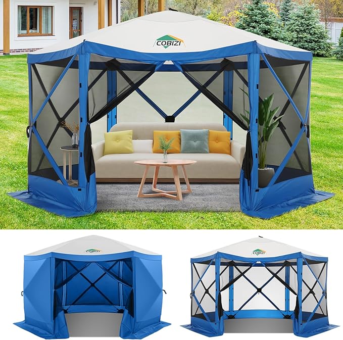COBIZI 12x12 pop up Gazebo on Clearance Screen Canopy Tent, Camping Outdoor Screened Gazebo with Sidewalls, Portable Hub Tent with Carrying Bag and Ground Stakes, Blue