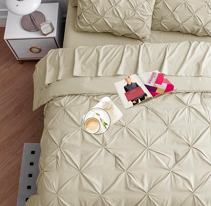 LANE LINEN King Comforter Set, 7 Piece King Size Bedding Set, Pintuck King Size Comforter Set with Sheets, Pillowcases & Shams, Soft King Bed in a Bag Set, King Size Bedding Set, King Bed Set - Linen
