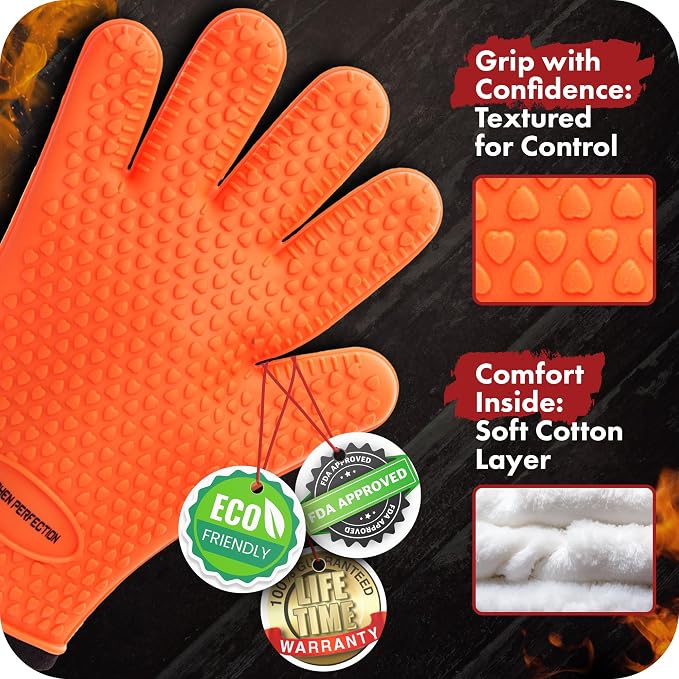 KITCHEN PERFECTION XL Silicone Smoker BBQ Gloves -Heat Resistant Oven Mitts | Waterproof, 5-Finger Design For A Better Grip, for Pitmasters, Meat Smoking, Grilling, Cooking, Frying Turkey | Grill Gift