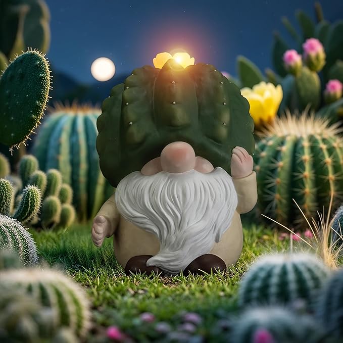 Solar Cactus Gnome Statue Garden Decor Light - Outdoor Decorative LED Flower, Suitable for Patio, Lawnand Garden Decorations, Gifts for Mom