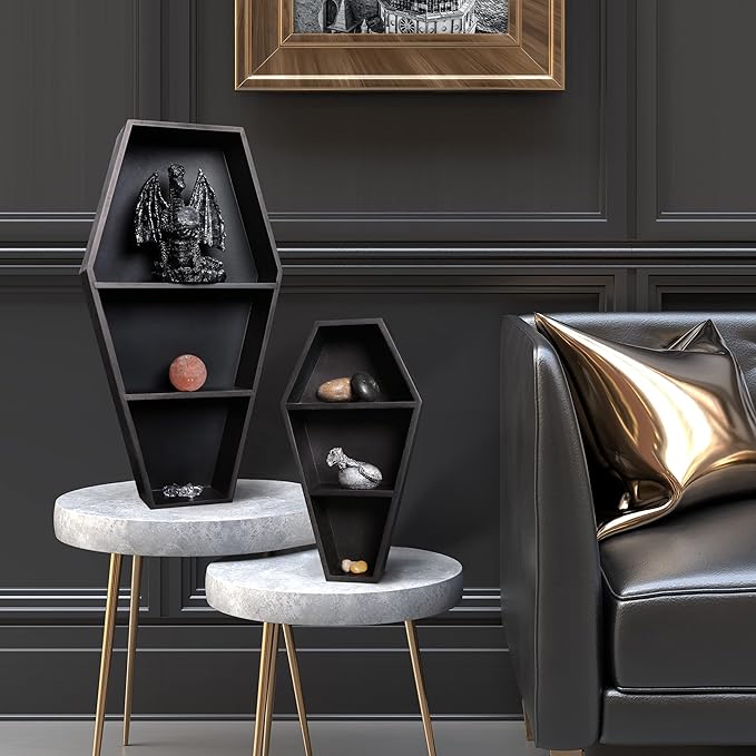 MANNY'S MYSTERIOUS ODDITIES Coffin Bookshelf - Includes Removable Shelves - Small and Large Coffin Shelf 20 Inch and 14 Inch - Gothic Decor for Home