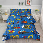 Axolotl Blue Excavator Bedding Queen,3Pcs Boys Construction Comforter Set,Cartoon Machinery Truck Bedding Set for Boys Kids Children Teens Bedroom Decor Cars Quilt Set with 1 Comforter 2 Pillowcase