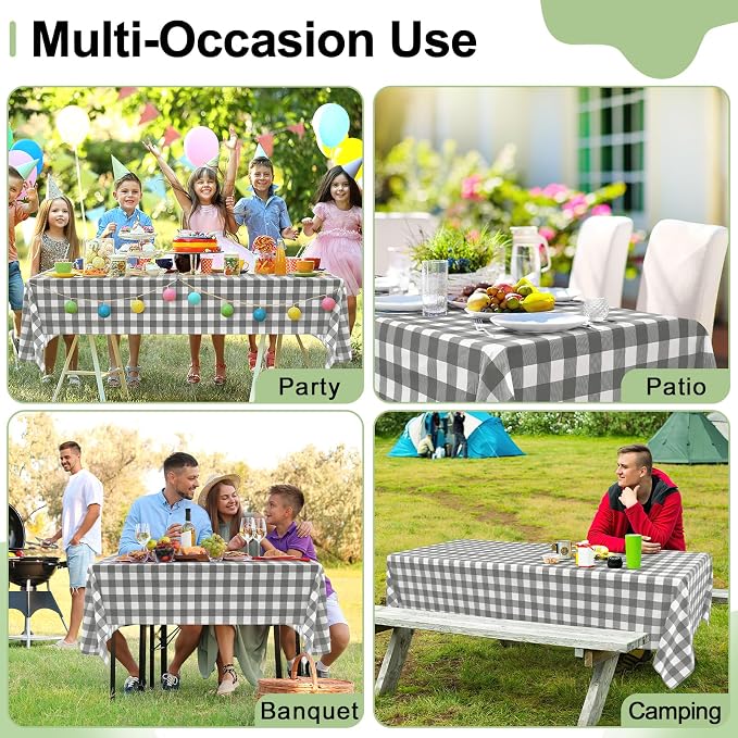 10 Packs Buffalo Disposable Table Cloth, 54 x 108 Inch Waterproof Plastic Tablecloth, Rectangle Grey and White Checkered Table Covers for Picnic, Birthday, Party, Back to School