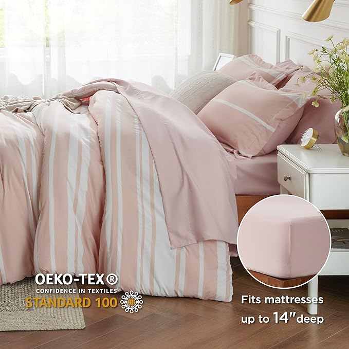 Bedsure Pink Comforter Set Full 7 Pieces, Light Pink White Striped Bedding Sets All Season Bed Set, 2 Pillow Shams, Flat Sheet, Fitted Sheet and 2 Pillowcases