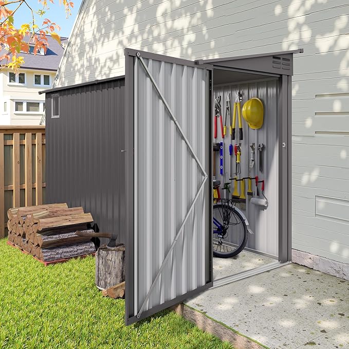4x9 FT Outdoor Metal Storage Shed, Metal Lean to Storage Shed with Lockable Single Side Hinge Door and Ventilation Window, Garden Shed for Backyard Garden Patio Lawn, Dark Gray