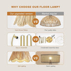 Oneach Arc Floor Lamp for Living Room,Rattan Boho Floor Lamp with Hand-Woven Wicker Shade, Foot Switch,Gold Metal Base & Pole,Farmhouse Standing Lamp for Bedroom Corner,Reading