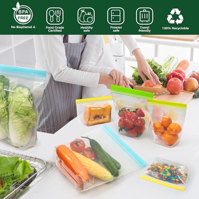 SPLF 20 Pack Reusable Sandwich Bags Dishwasher Microwave Safe | BPA Free Extra Thick Leakproof Reusable Food Storage Bags Silicone Free Quart Size Freezer Bags Containers