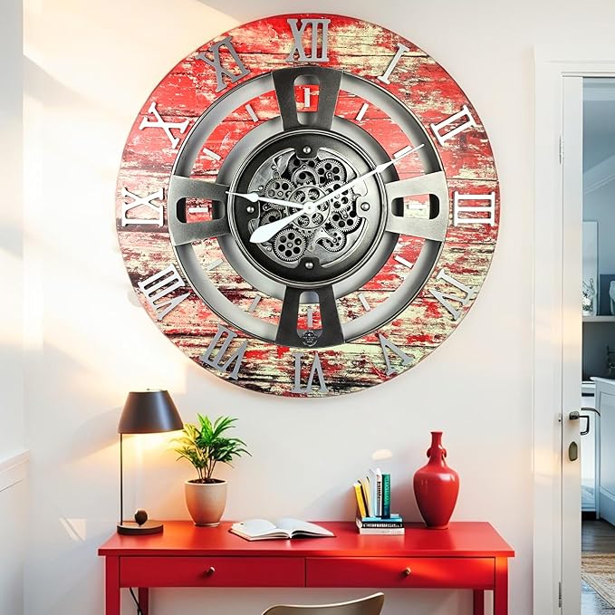 The Gears Clock Real Moving Gear Wall Clock England Line (Red Lava, 24 inches (60 cm))